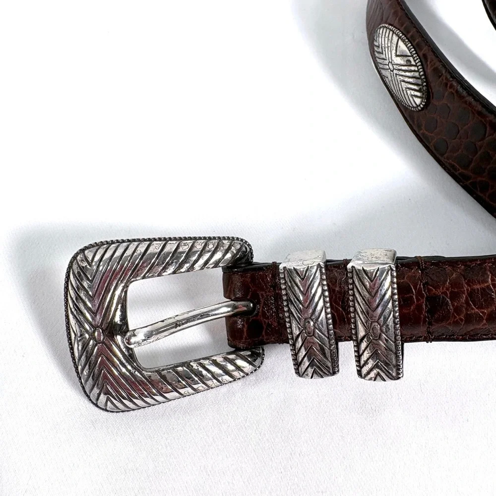 Roundtree‎ & Yorke Belt Brown Croc Embossed Leather Western Silver Hardware 56